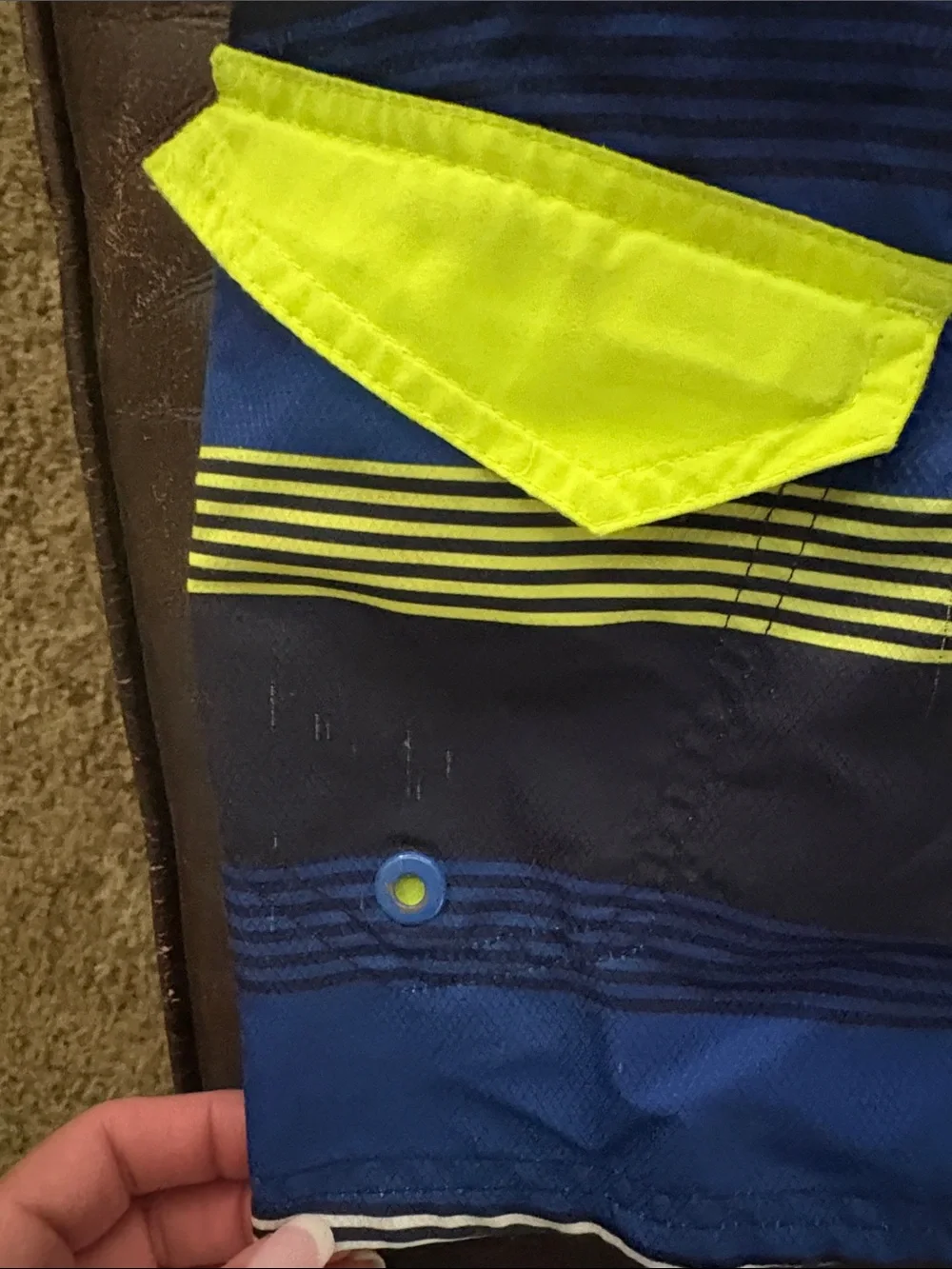 Nike Boys Neon Yellow Navy Blue Striped Swim Trunks